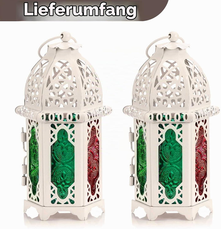 Nuptio 2 Stück Marokkanischen Stil Kerze Laterne, Kleine Teelichthalter mit Bunten Glasscheiben Idea