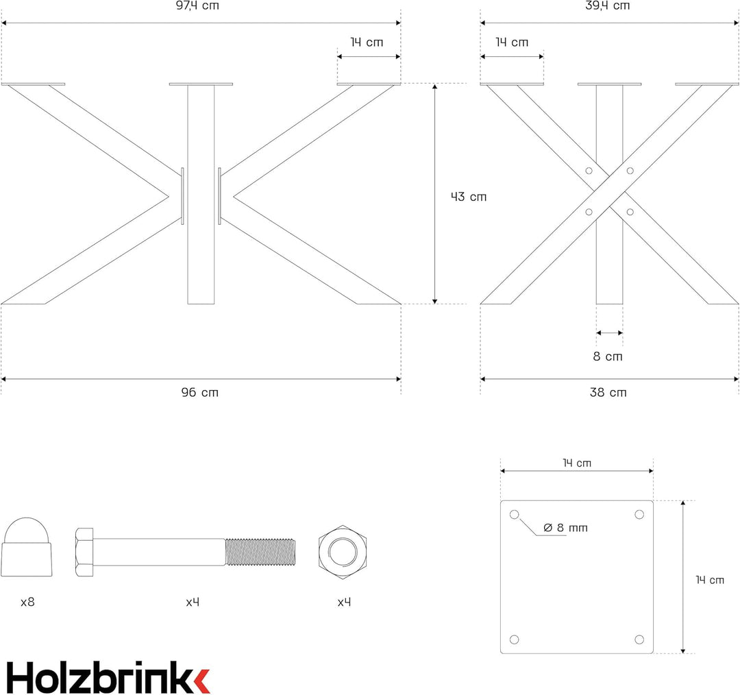 HOLZBRINK Tischbeine aus Metall, Tischgestell für Couchtisch Computertisch Gartentisch, 98x40x43 cm