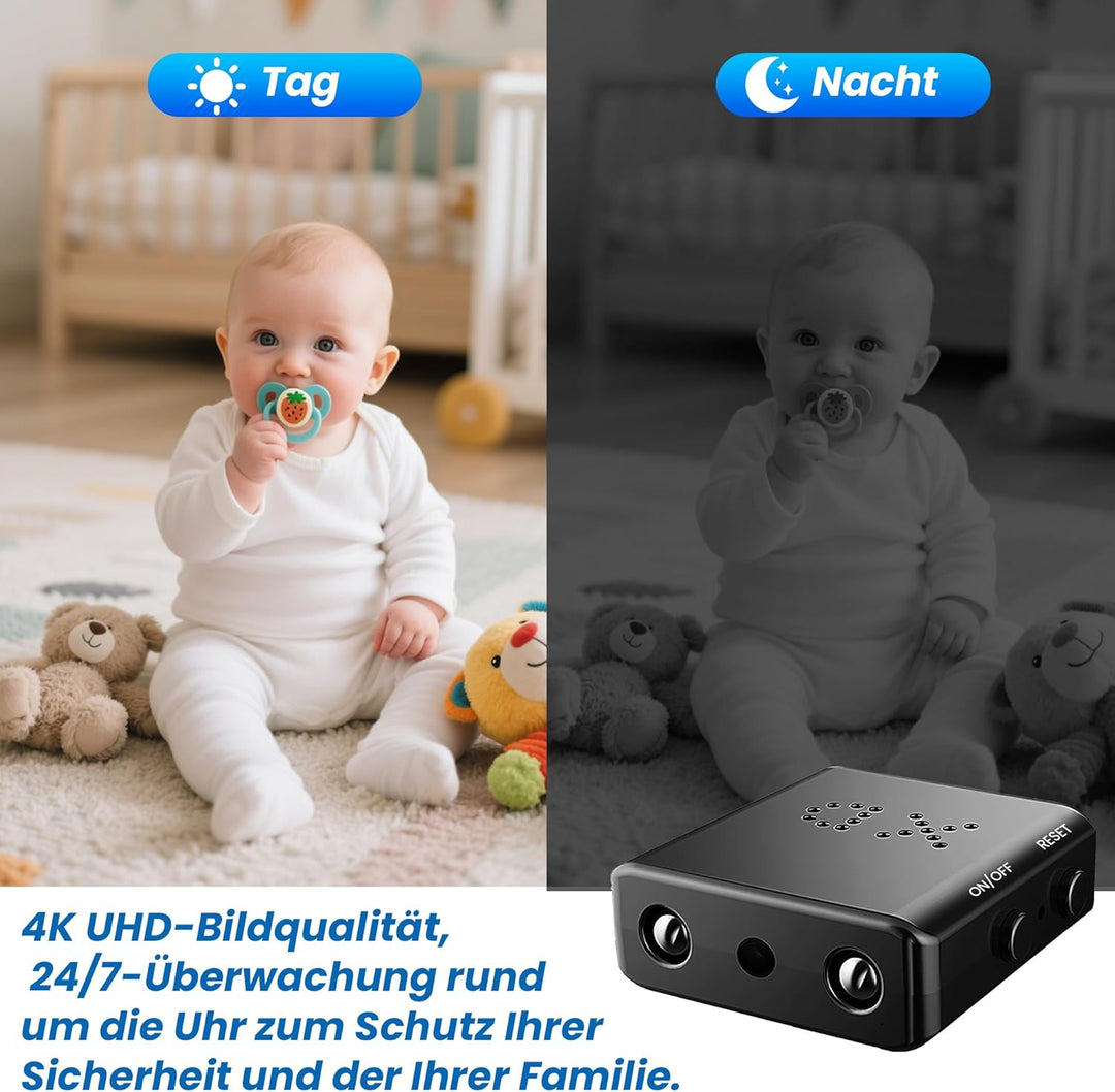 4K UHD Mini-Kamera – kabellose Kompaktkamera mit Akku, Nachtsicht, Bewegungserkennung, einfache EIN-