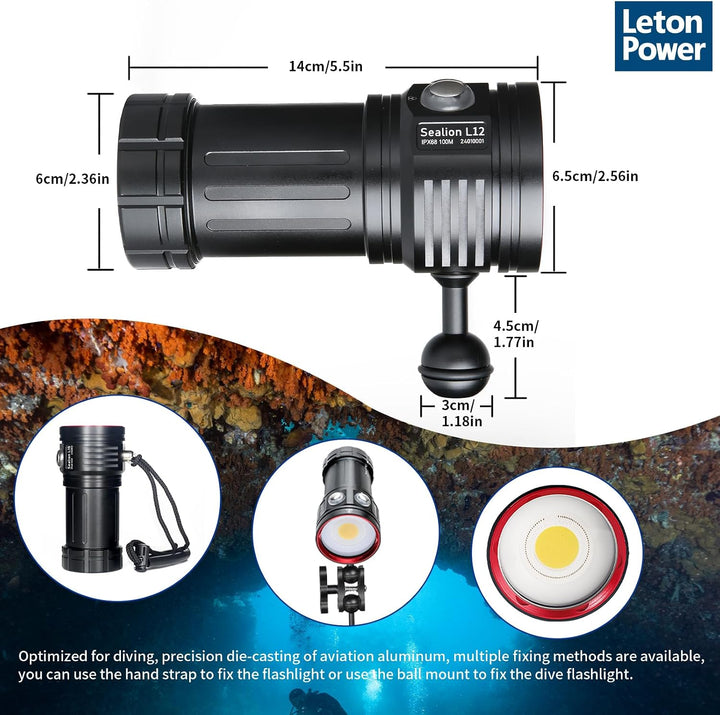 Tauchlampe,LetonPower L12 8000Lumens Taschenlampe tauchen,100m Unterwasser tauchlampe, Unterwasser v
