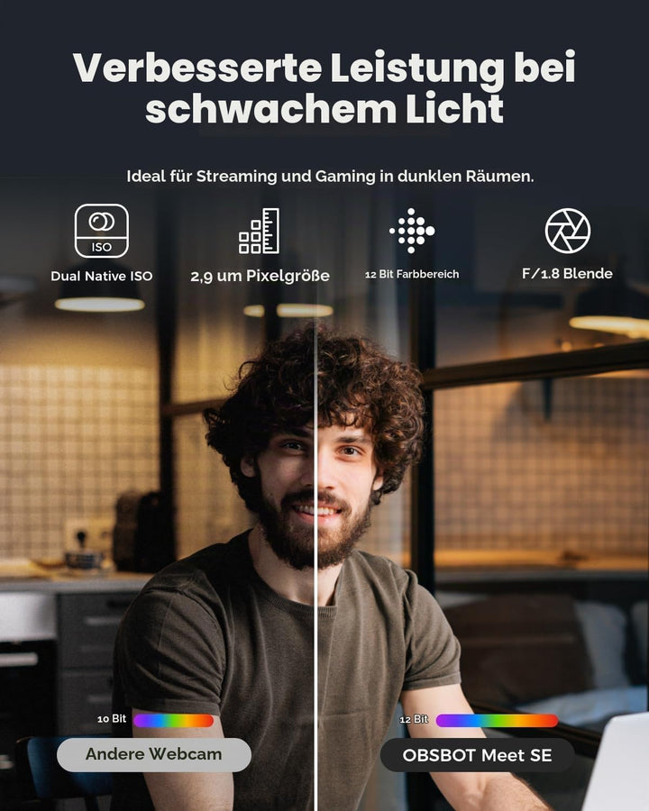 OBSBOT Meet SE 1080P 100FPS Webcam für PC, USB-Webcam mit AI-Tracking, Mikrofon, Stativ, gestaffelte
