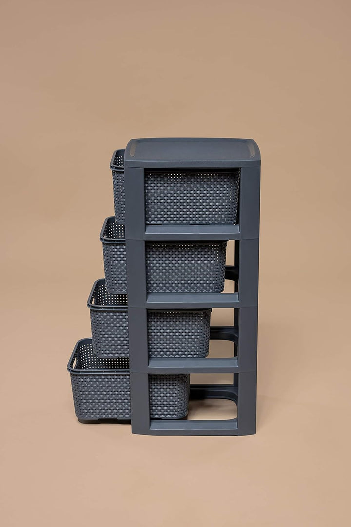 BranQ - Home essential Regal in Rattan Design, Kunststoff PP, Creme, 29,5 x 24 x 64,2 cm 4 Körben Cr