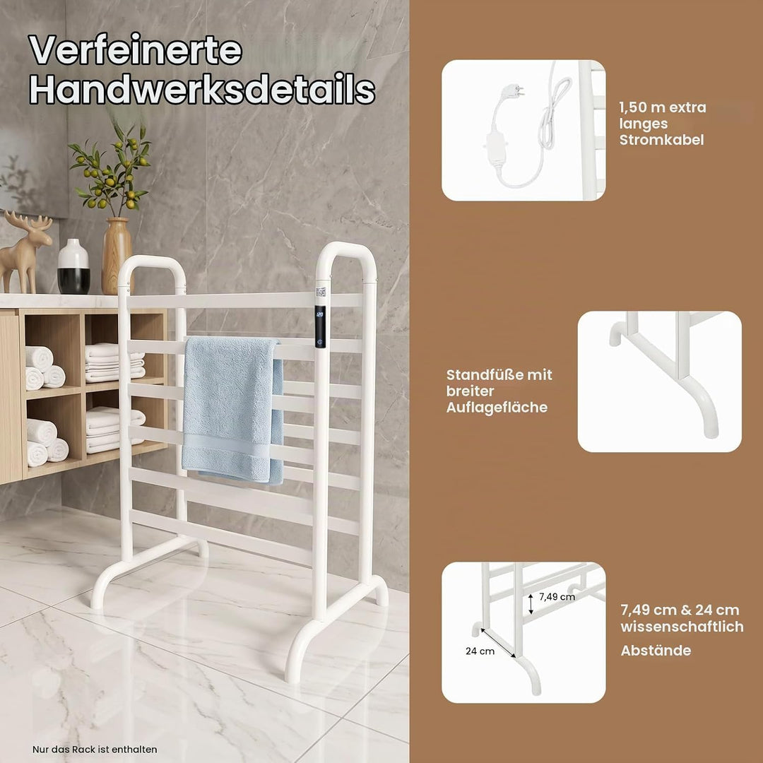 Handtuchheizkörper Elektrisch Handtuchhalter ohne Bohren 1-24h Timer, 45-60°C 180W Weiss Doppelstöck