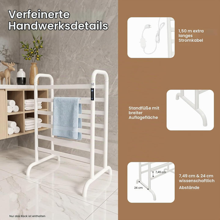 Handtuchheizkörper Elektrisch Handtuchhalter ohne Bohren 1-24h Timer, 45-60°C 180W Weiss Doppelstöck
