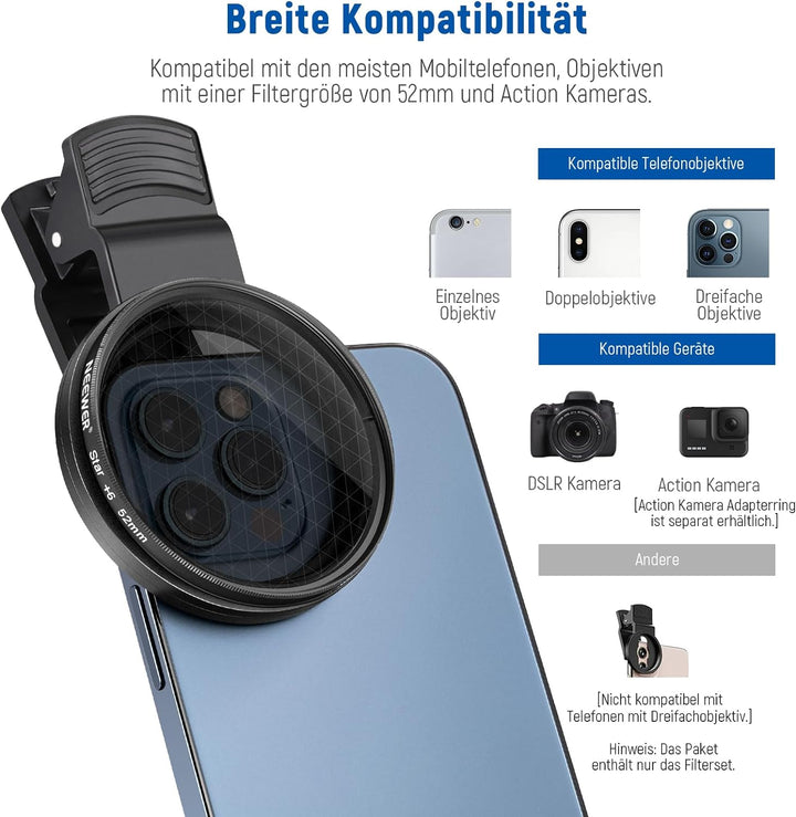 NEEWER 52mm ND+CPL+Effekt Filter Set mit Handy Phone Objektiv Klammer, Polfilter ND32, 6 Punkt Stern