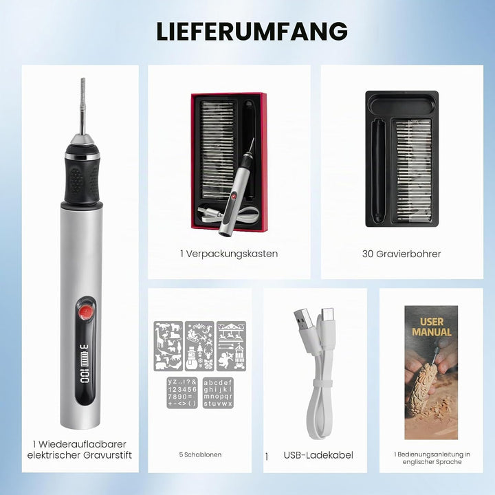 Elektrischer Gravierstift mit 30 Bit, multifunktionales Gravurwerkzeug, 3 Geschwindigkeitsstufen, tr