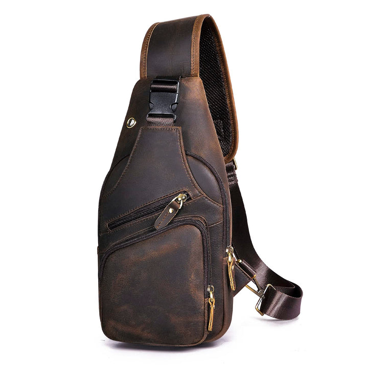 Le'aokuu Herren Echtes Leder Brusttasche Umhängetasche Sport Outdoor Messenger Bag Wanderrucksäcke（8