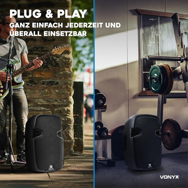 Vonyx SPJ-1500ABT MP3, PA Aktiv Lautsprecher, DJ Box, 800 Watt 15 Zoll High End Aktivpeaker, MP3-Pla