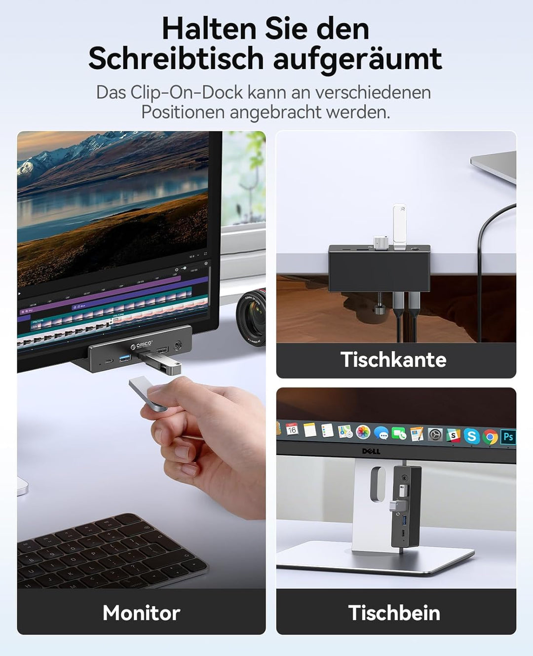 ORICO Clip Docking Station, 8-in-1 USB-C Hub Klemme mit 4K@60Hz HDMI, 100W PD, Gigabit-Ethernet, 4xU
