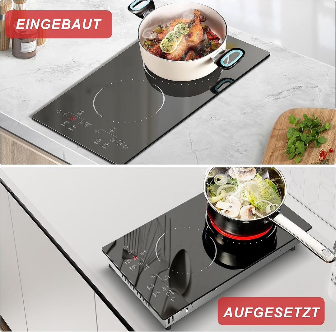 Glaskeramikkochfeld 2 Zonen mit Stecker, Hobsir Einbau Kochfelder 30cm, 3000W, Touch-Steuerung, Dopp
