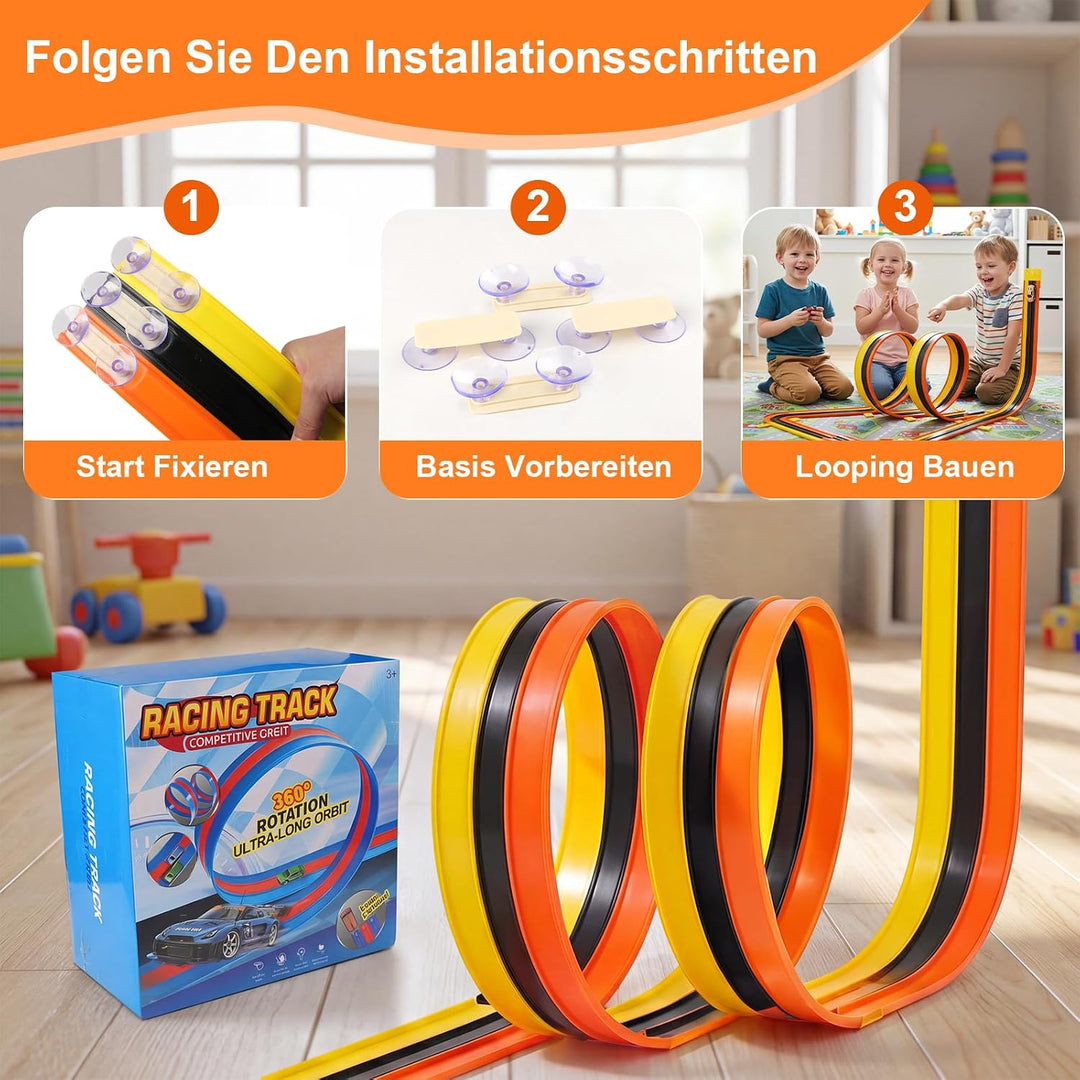 5M Flexible Autorennbahn Kinder, 3-in-1 Rennstrecke mit Rampen, Tragbare Rennbahn Flexibel mit 6 Aut