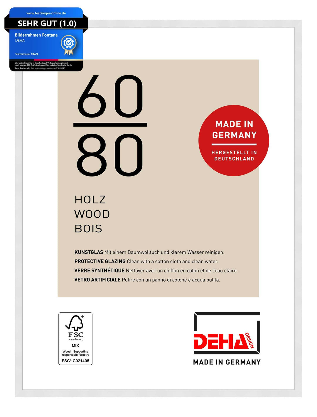 DEHA Design Bilderrahmen Fontana, 60x80 cm, Holz Weiss, bruchsicheres Acrylglas, für Poster und Bild