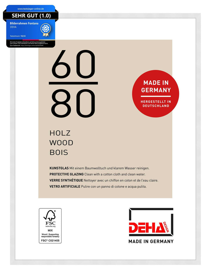 DEHA Design Bilderrahmen Fontana, 60x80 cm, Holz Weiss, bruchsicheres Acrylglas, für Poster und Bild