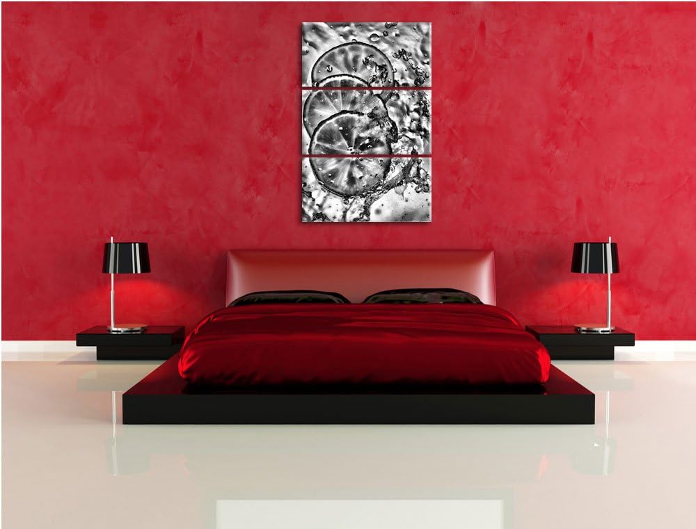 Pixxprint Zitrone fällt ins Wasser / 3-Teilig/Gesamtmass 120cm Leinwandbild bespannt auf Holzrahmen/