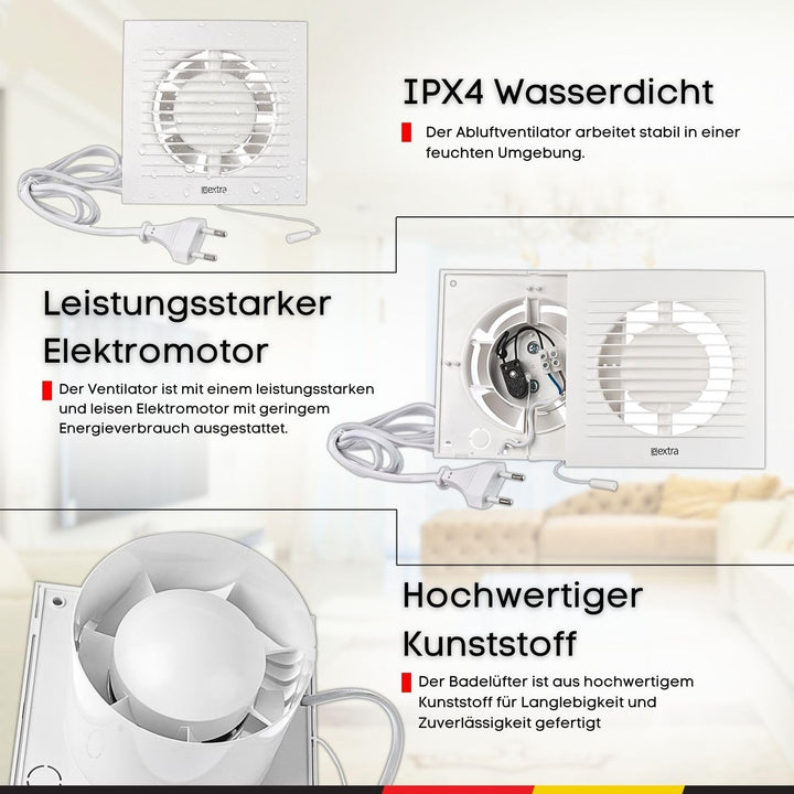 Steinberg14 Badlüfter 125mm Weiss mit Zugschnur und Stecker - Abluftventilator Ventilator Lüfter Bad