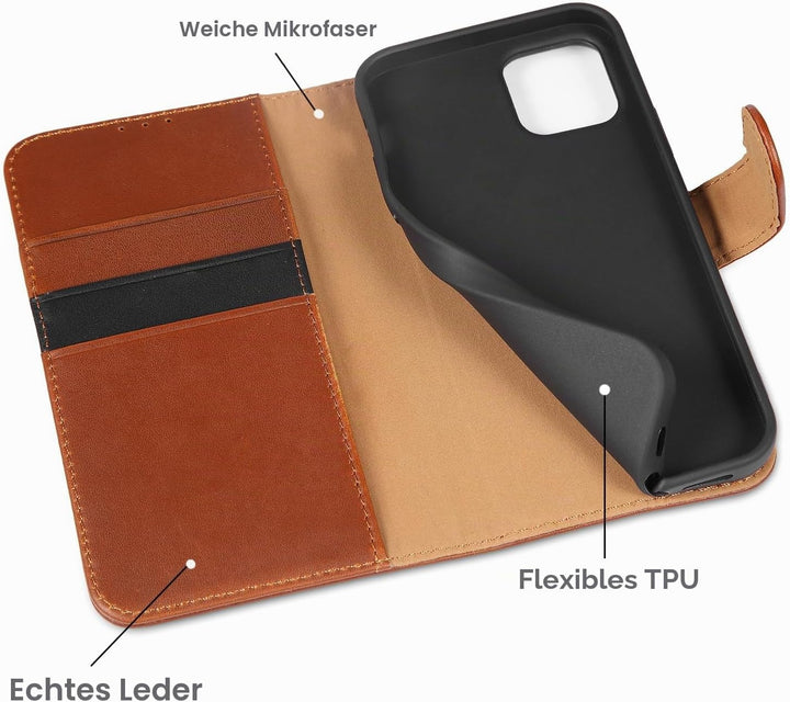 LENSUN Echtleder Hülle für iPhone 12, iPhone 12 Pro Handyhülle Echtes Leder Etui [Kartenfach][RFID B