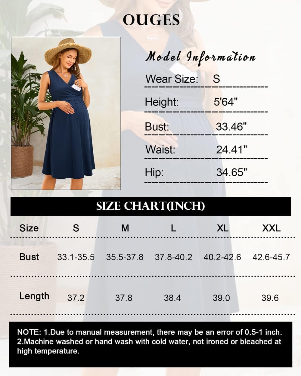 OUGES Damen Sommer Umstandskleid Stillkleid Lässiges Schwangere Kleider Baumwolle mit Taschen XXL Ma