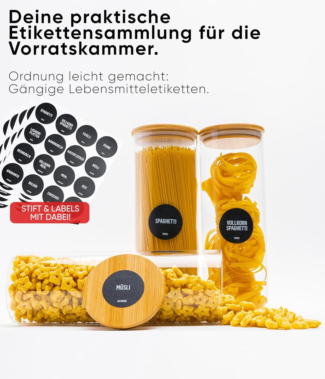 Deco haus® Spaghetti Aufbewahrung 3er Set - Vorratsgläser mit Deckel + Etiketten [LUFTDICHT] - Für M