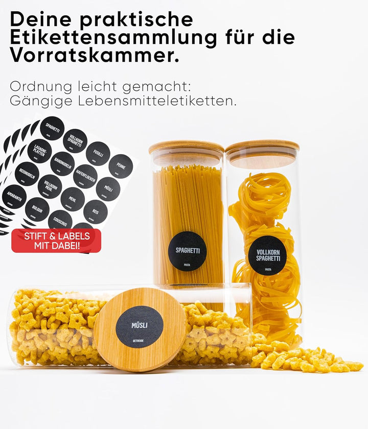 Deco haus® Spaghetti Aufbewahrung 3er Set - Vorratsgläser mit Deckel + Etiketten [LUFTDICHT] - Für M
