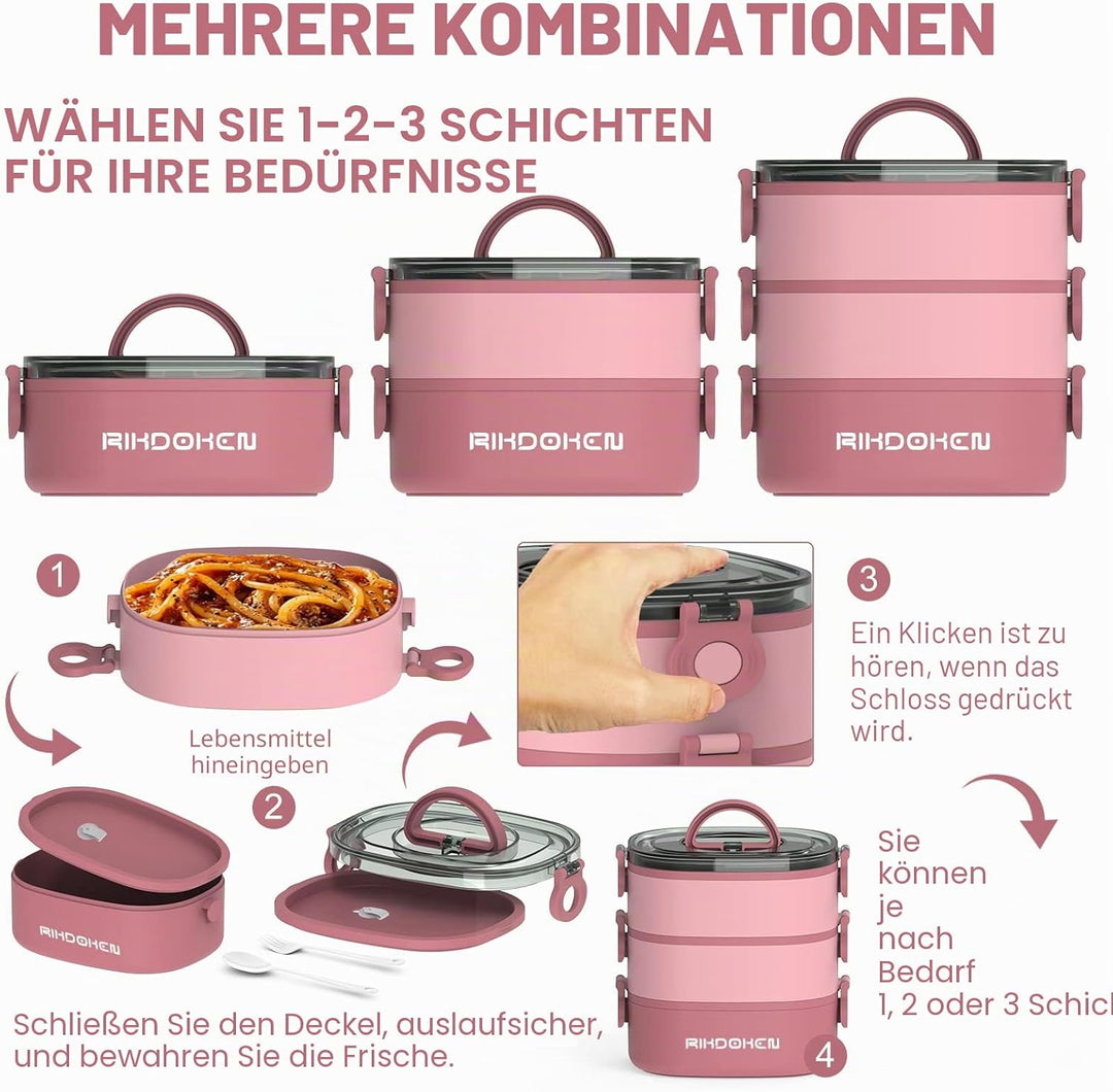 RIKDOKEN Bento Box Lunchbox, stapelbare 3-lagige Behälter, tragbare 2.6 l grosse Kapazität, auslaufs