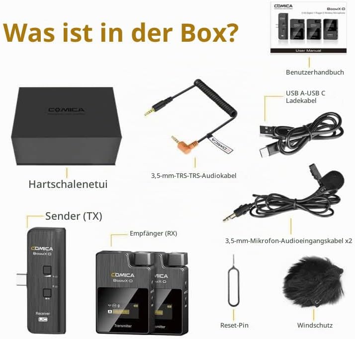 COMICA Drahtloses Mikrofon, BoomX-DUC2 2.4G kompakte drahtlose Mikrofonsystem für USB C Smartphone u