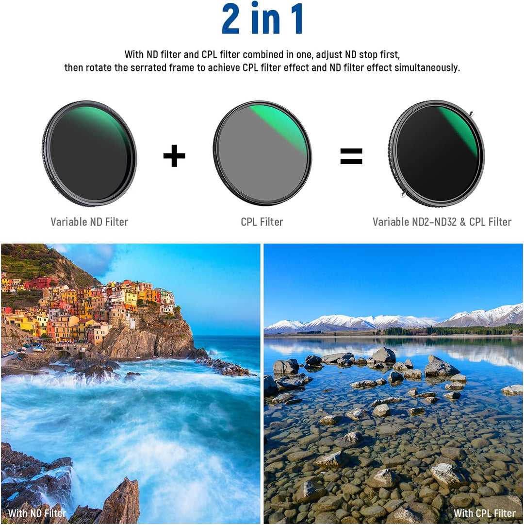 NEEWER 2 in 1 77mm Variable ND Filter ND2-ND32&CPL (Zirkular Polfilter) No X Cross Variabel Graufilt