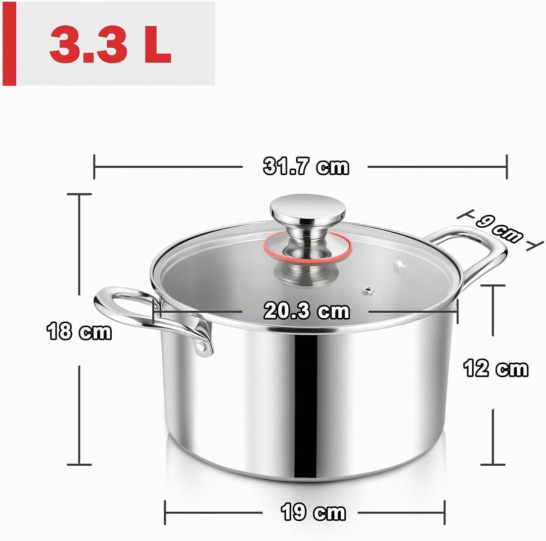 Herogo Kochtopf, Edelstahl Kochtopf Induktion mit Glasdeckel, Ø 20 cm / 3,3 L Suppentopf Fleischtopf