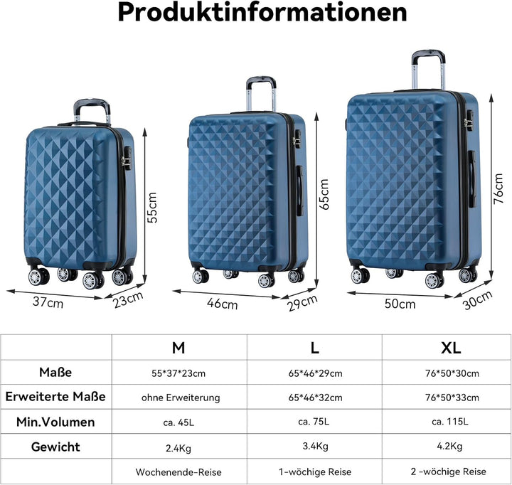 BEIBYE Zwillingsrollen 2066 Hartschale Trolley Koffer Reisekoffer Gepäck M-L-XL-Set (Blau, XL) Blau