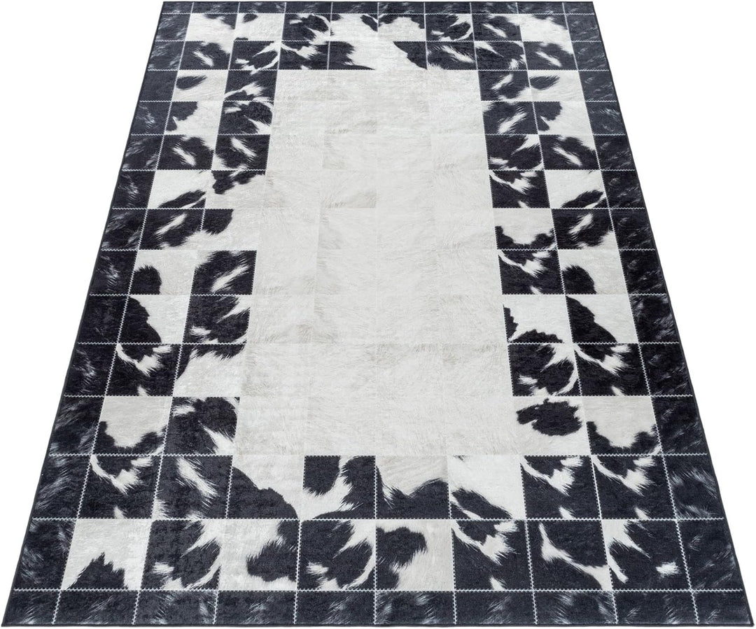 Waschbarer Teppich, Didigitaldruck Patchwork Felloptik, Rechteckig, Creme - Schwarz Farbe, Flachgewe
