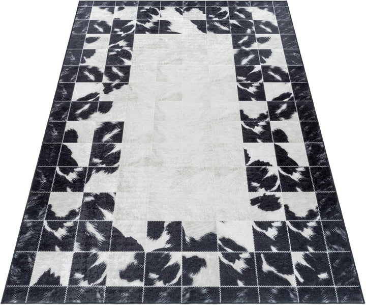 Waschbarer Teppich, Didigitaldruck Patchwork Felloptik, Rechteckig, Creme - Schwarz Farbe, Flachgewe