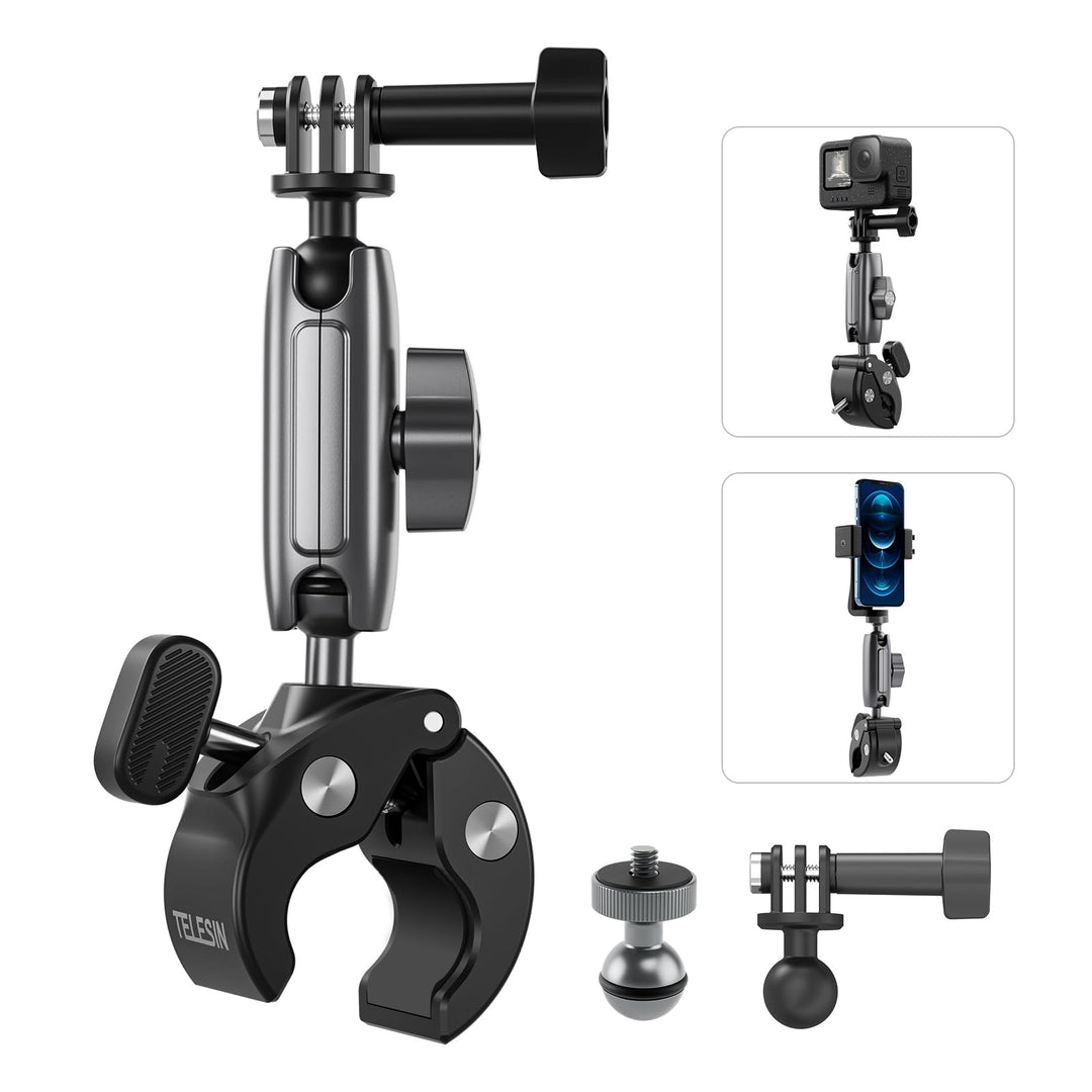 TELESIN Motorradfahren Krabbenklaue Klemme Magic Arm 360° Einstellung Super Klemme 1/4" Schraube für