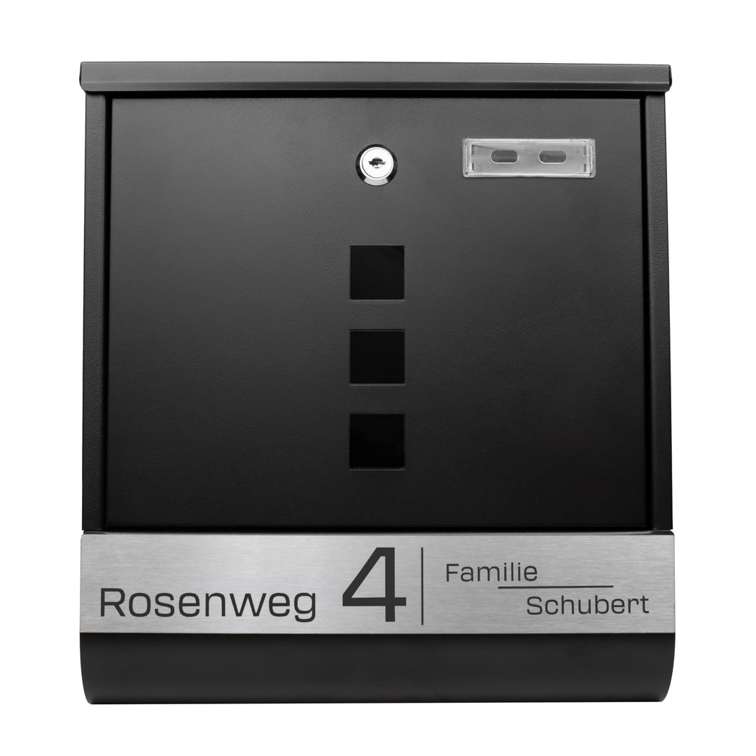 Grafner Briefkasten personalisiert, schwarz mit Zeitungsfach und 2 Schlüssel, V2A Namensschild, Post