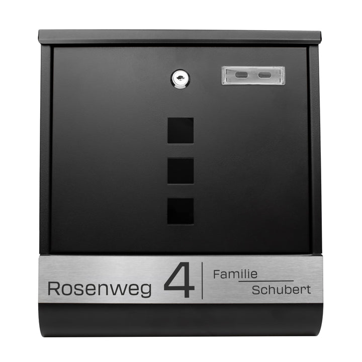 Grafner Briefkasten personalisiert, schwarz mit Zeitungsfach und 2 Schlüssel, V2A Namensschild, Post