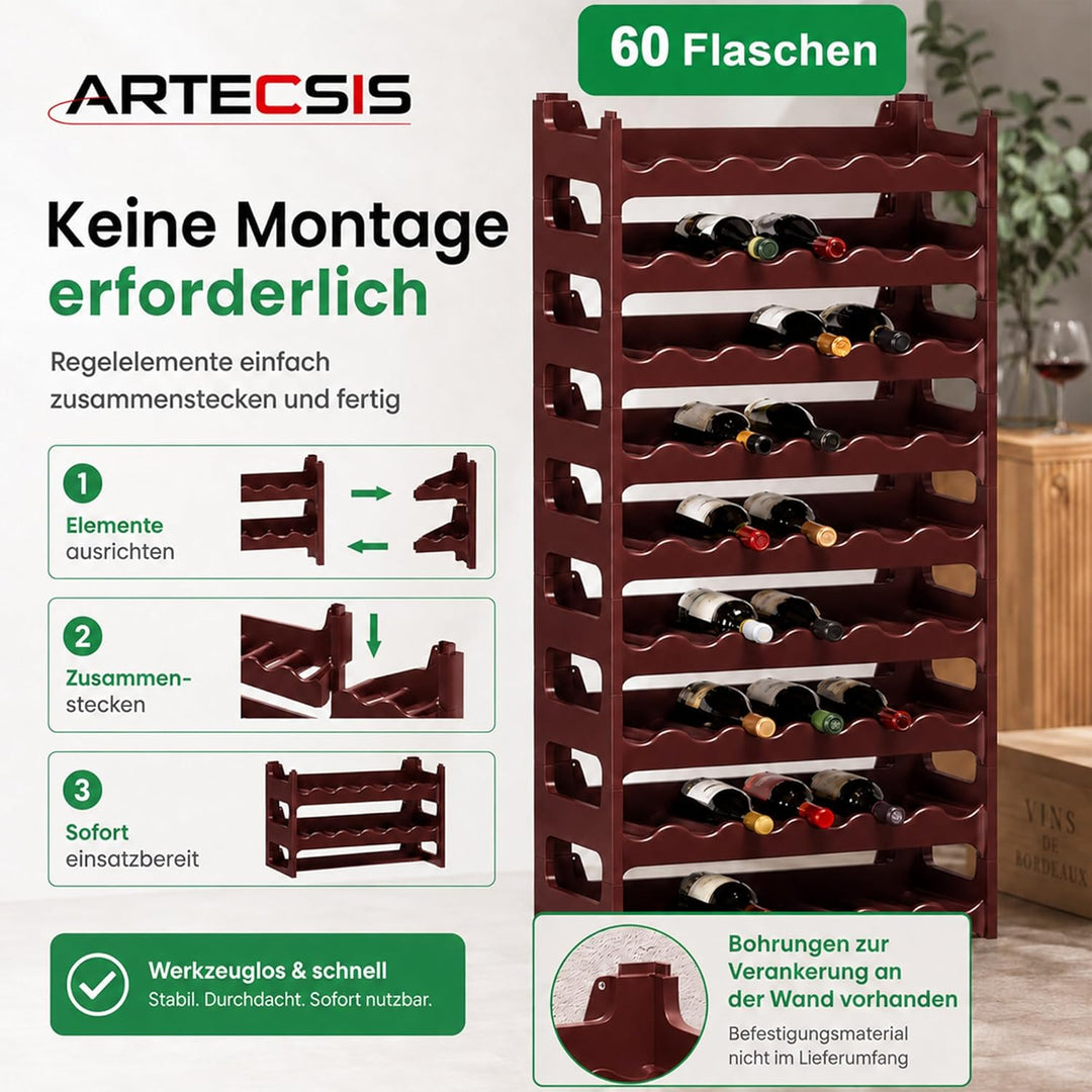 ARTECSIS Weinregal stapelbar Kunststoff für 60 Flaschen, stabiles leichtes Flaschenregal für Keller,