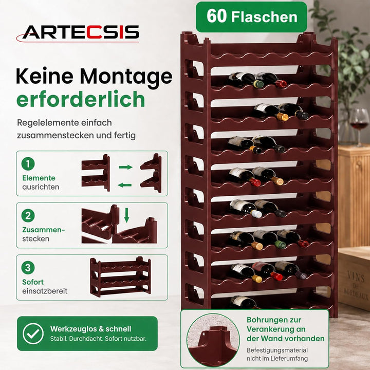 ARTECSIS Weinregal stapelbar Kunststoff für 60 Flaschen, stabiles leichtes Flaschenregal für Keller,