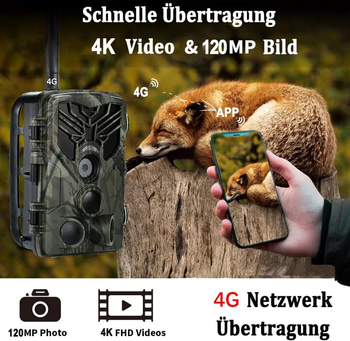 RecorCam Wildkamera 4G APP, 120 MP 4K, Wildtierkamera mit SIM-Karte, Telefon-Sende-Foto, Nachtsichtk