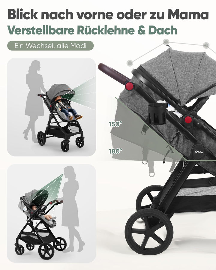 Sekey Kombi Kinderwagen Baby 3 in 1 Komplettset mit Regenschutz und Moskitonetz, Kinderwagen mit Lie