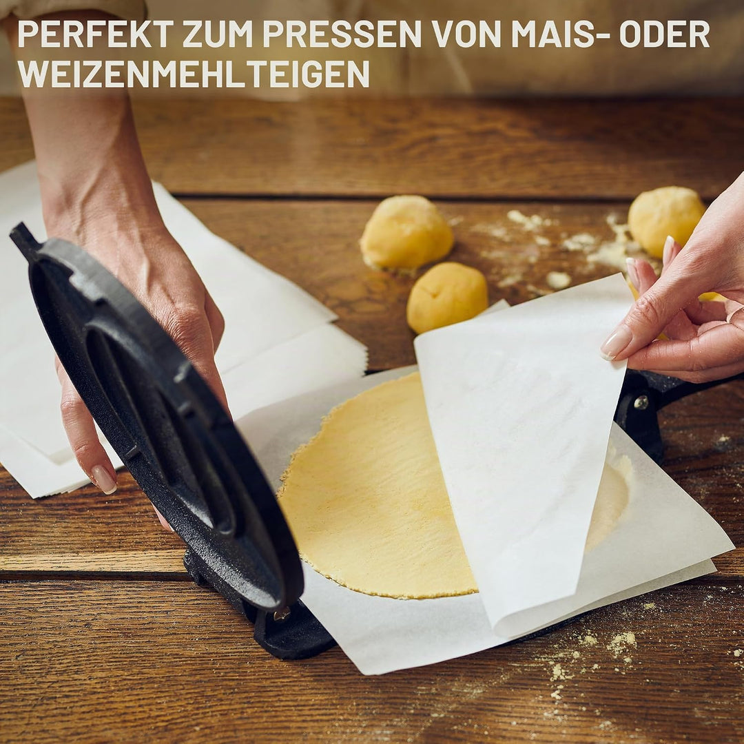Uno Casa Tortilla-Presse aus Gusseisen, 20,3 cm, mit Tortilla-Wärmer – Set mit vorbehandeltem Quesad