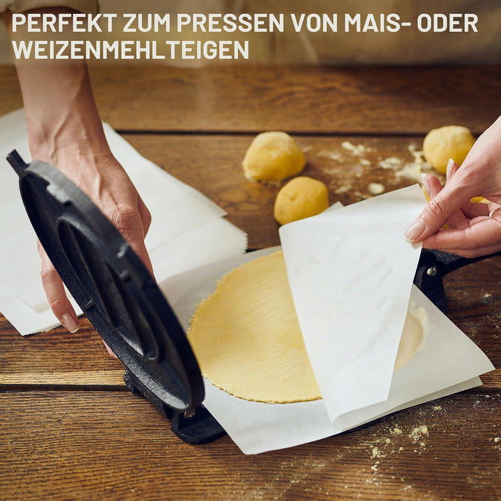 Uno Casa Tortilla-Presse aus Gusseisen, 20,3 cm, mit Tortilla-Wärmer – Set mit vorbehandeltem Quesad