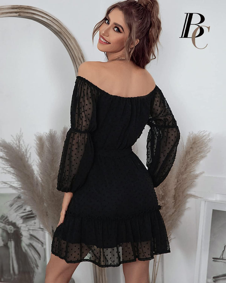 BebreezChic Kleid Damen Elegant Langarm Off Shoulder Einfarbig Swiss Dot Luftig Sommerkleid Miniklei