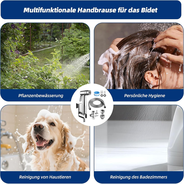 Bidet Handbrause Set, Hand Gehalten Bidet Sprayer Edelstahl mit Ventil T-Adapter (G1/2''-3/8''), 150