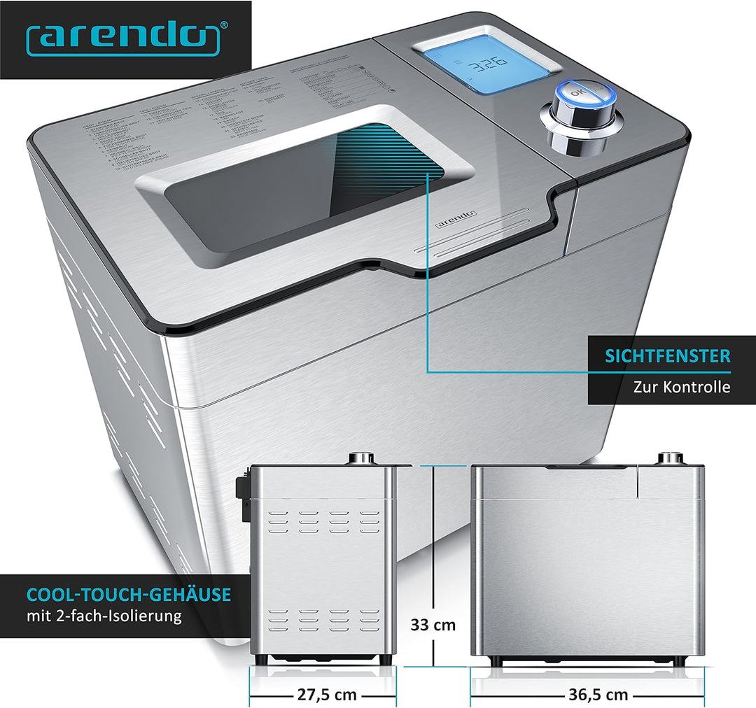 Arendo - Brotbackautomat inkl. automatisches Zutatenfach - Brotbackmaschine - 25 Programme - glutenf