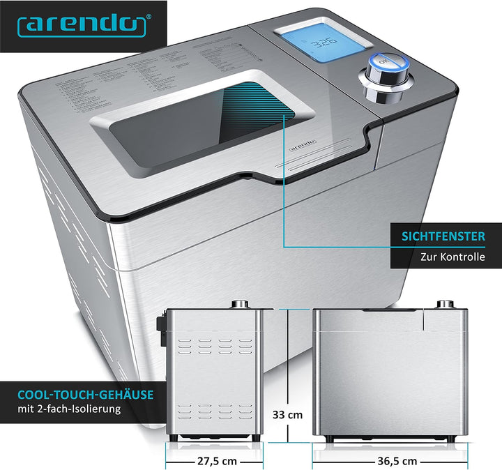 Arendo - Brotbackautomat inkl. automatisches Zutatenfach - Brotbackmaschine - 25 Programme - glutenf