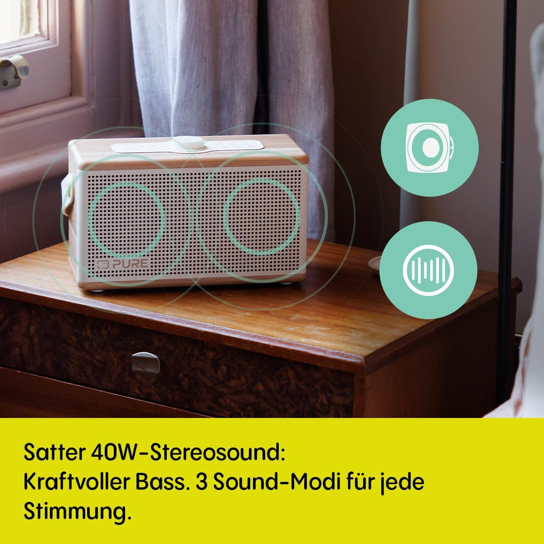 Pure Classic Aura Bluetooth-Lautsprecher 40 Watt, 30h Akku, Licht, USB-C, AUX, IPX2, 2-Wege-Stereo,