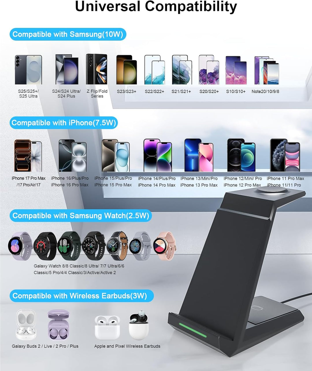 Induktive Ladestation für Samsung，ADADPU Kabelloses Ladegerät 3 in 1 Kompatibel für Galaxy Watch 8/7