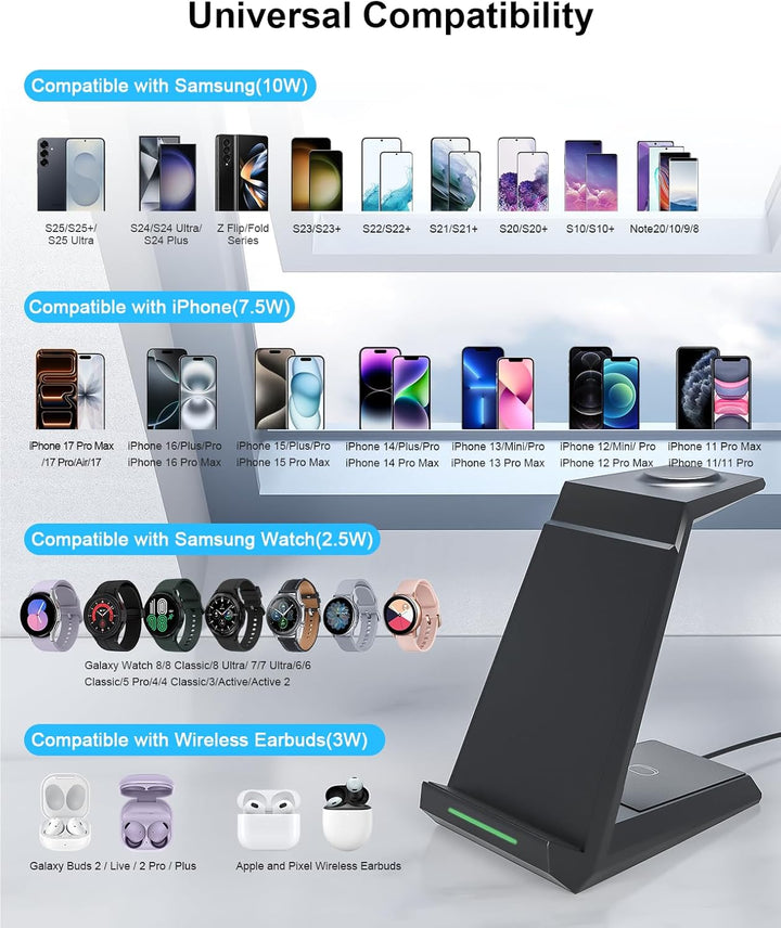 Induktive Ladestation für Samsung，ADADPU Kabelloses Ladegerät 3 in 1 Kompatibel für Galaxy Watch 8/7