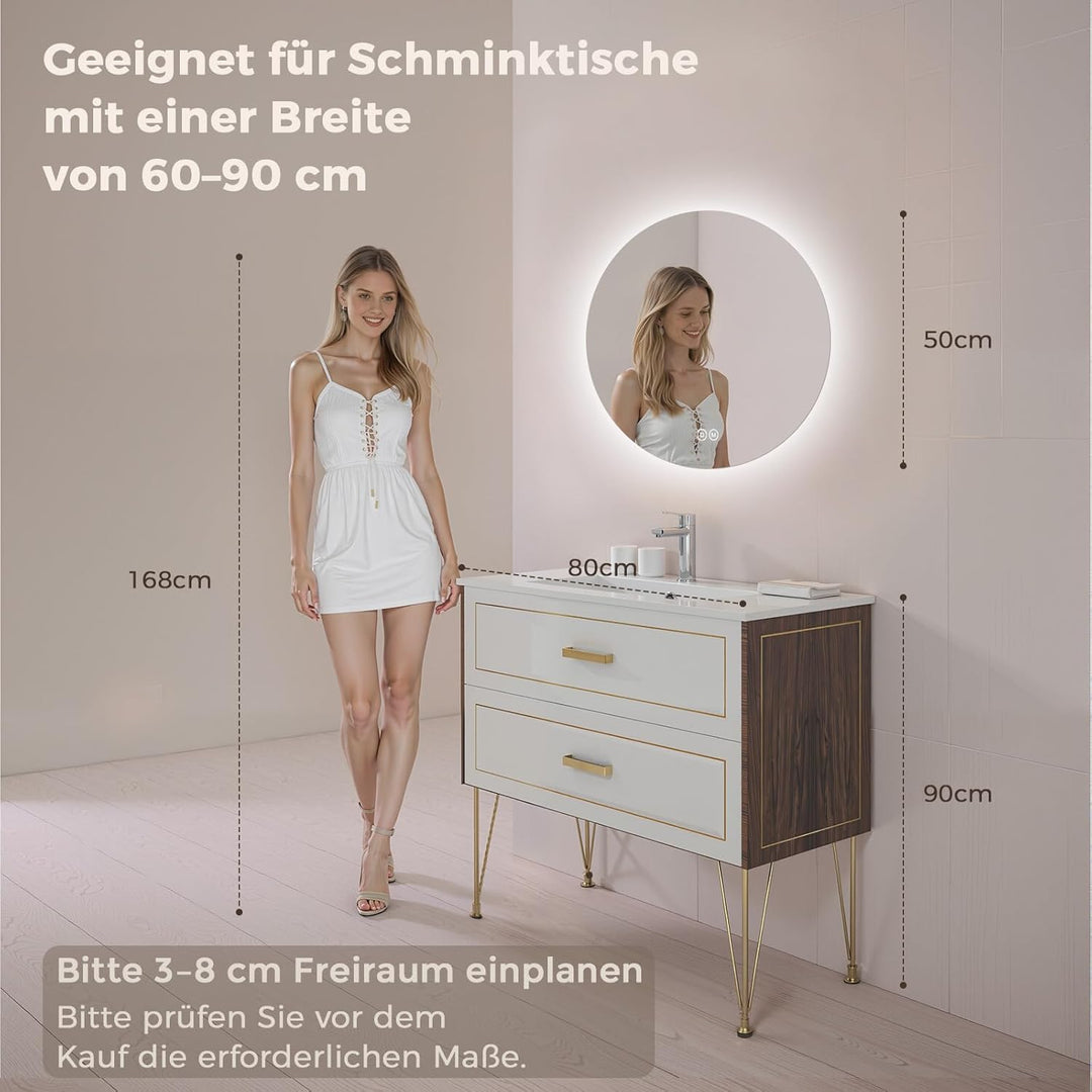 S'AFIELINA Badspiegel mit Beleuchtung Rund 50cm LED Badspiegel mit Touchschalter Badezimmerspiegel R