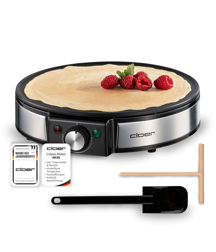 Cloer 6630 Crêpes-Maker, für süsse oder herzhafte Crepes mit 30 cm Ø, 1200 W, Antihaftbeschichtung,