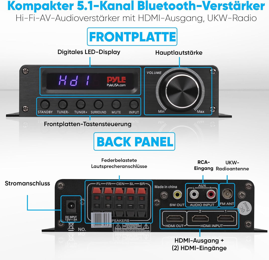 Pyle HiFi Verstärker 100W – Bluetooth Verstärker, Amplifier 5.1 Kanal Receiver mit HDMI, AUX, FM-Ant