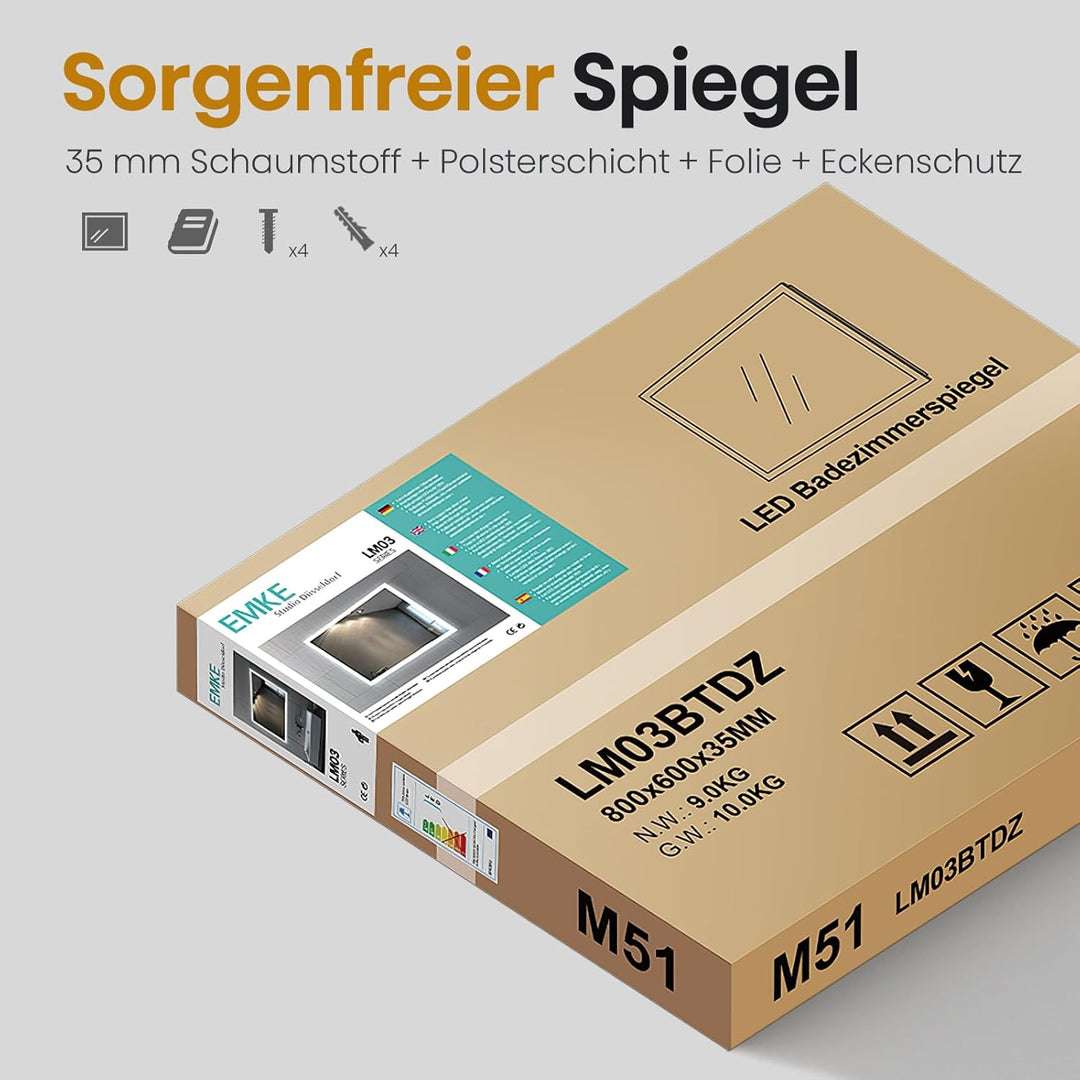 EMKE® 4 in 1 Badspiegel mit Beleuchtung 60x80cm LED Lichtspiegel mit 3000K/4000K/6500K Touch+Dimmbar